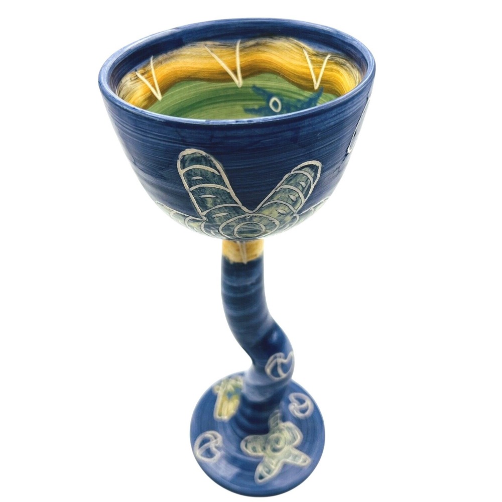Belinda Brayshaw Ceramic Ocean Goblet Hand Painted Art Pottery Blue Wavy Stem